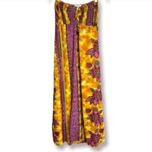 Boston Proper Gold Purple Hawaiian Floral Strapless Ring Smocked Maxi Dress 0